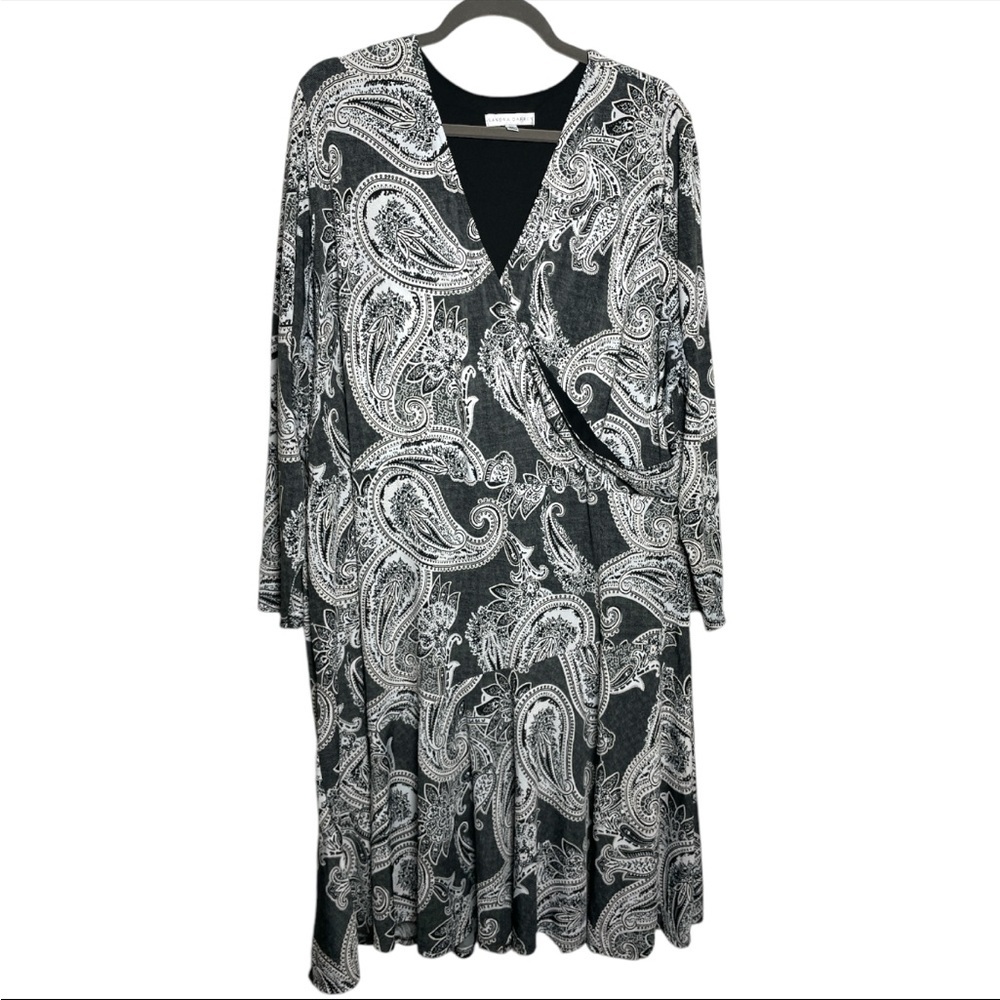 Sandra Darren womens Black faux wrap Paisley print Textured V-Neck Dress Size 3X